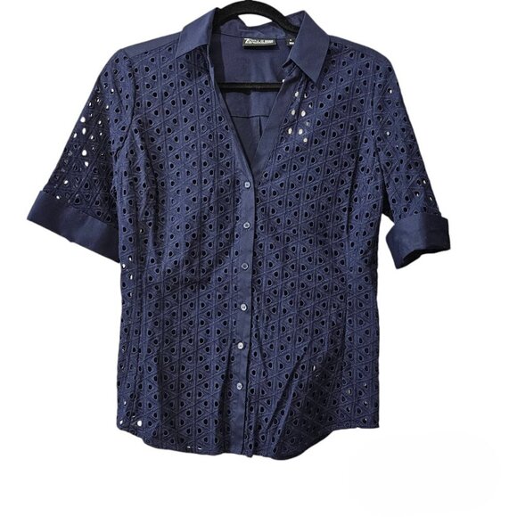 ❤️7th Avenue New York & Company Eyelet Button Up Navy Blue Top - Picture 1 of 5